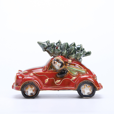 Lighted Reactive glazed Vintage Holiday Vehicle with Christmas Tree - Tabletop Holiday Decoration (car)